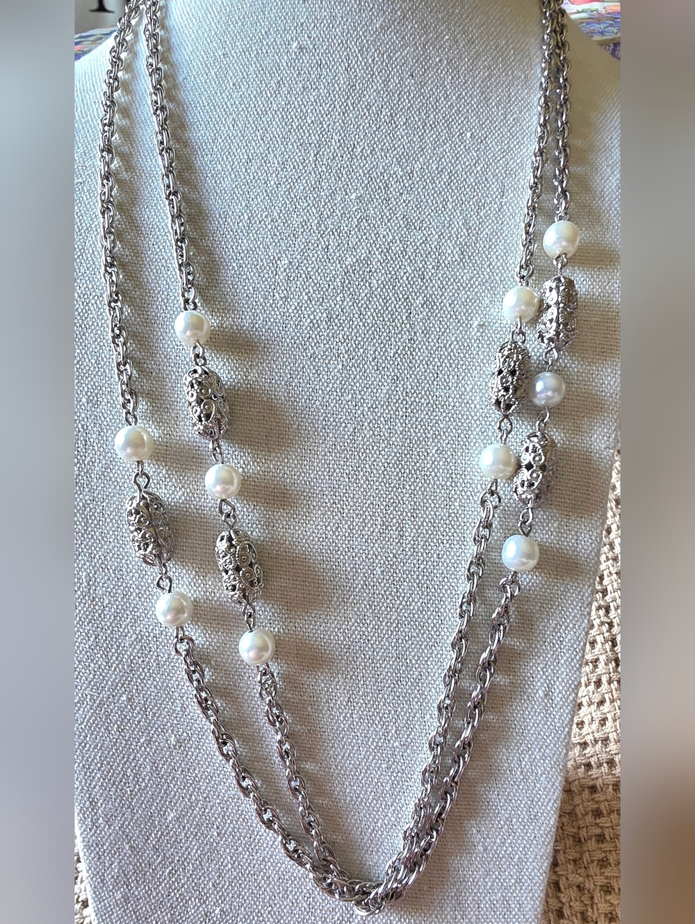 Vintage Sarah Coventry 52 inch White Faux Pearl Silver-toned Beaded  Necklace